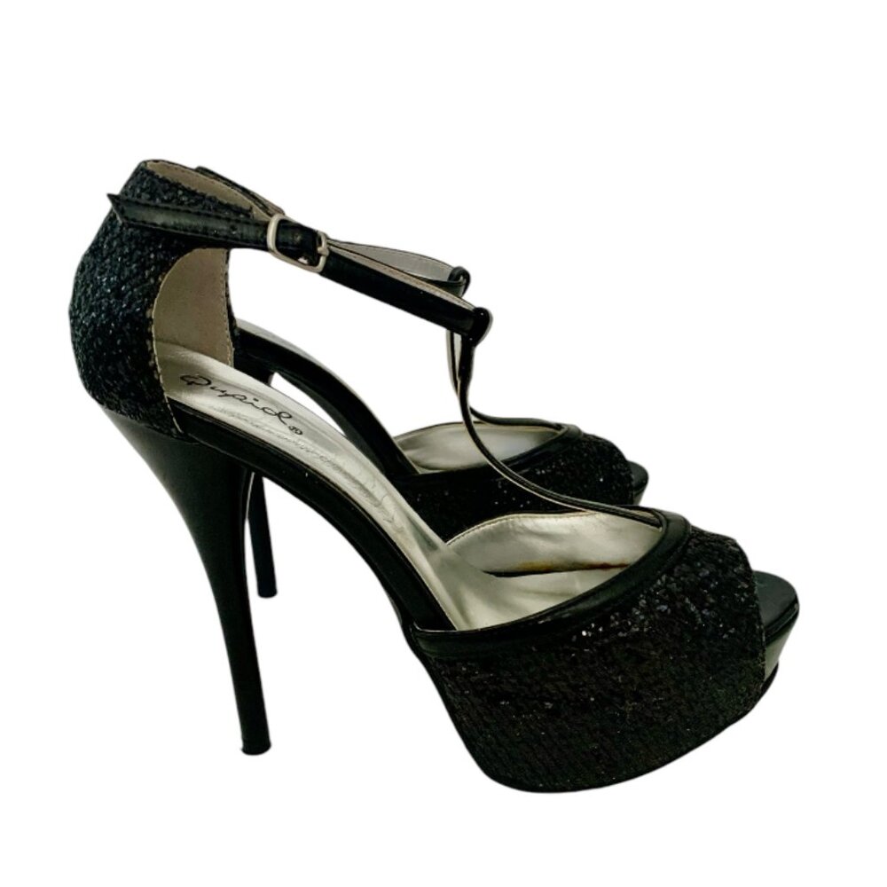 QUPID HIGH HEELS SANDALS PLATFORM SIZE 8.5 BLACK SHINY